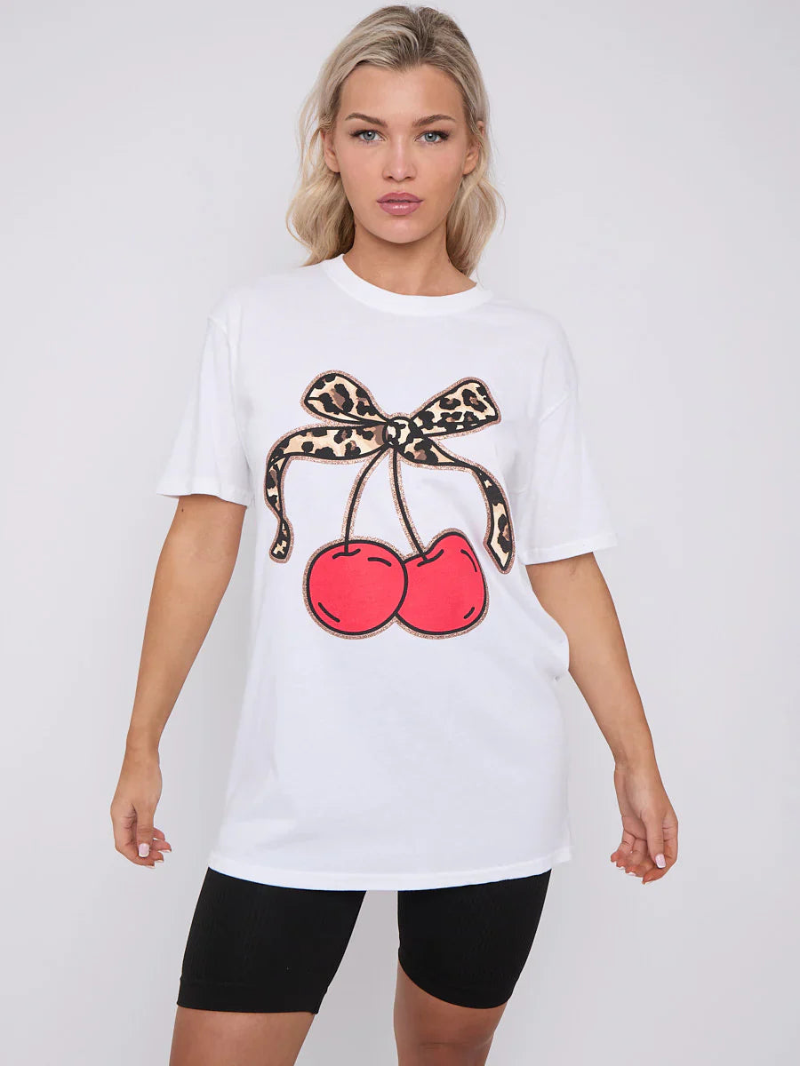 White Leopard Print Bow Cherry Graphic Printed T-Shirt