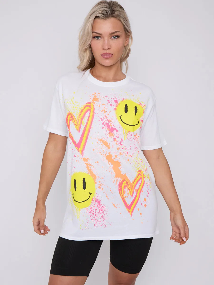 White Paint Splash Smiley Heart Graphic Printed T-Shirt