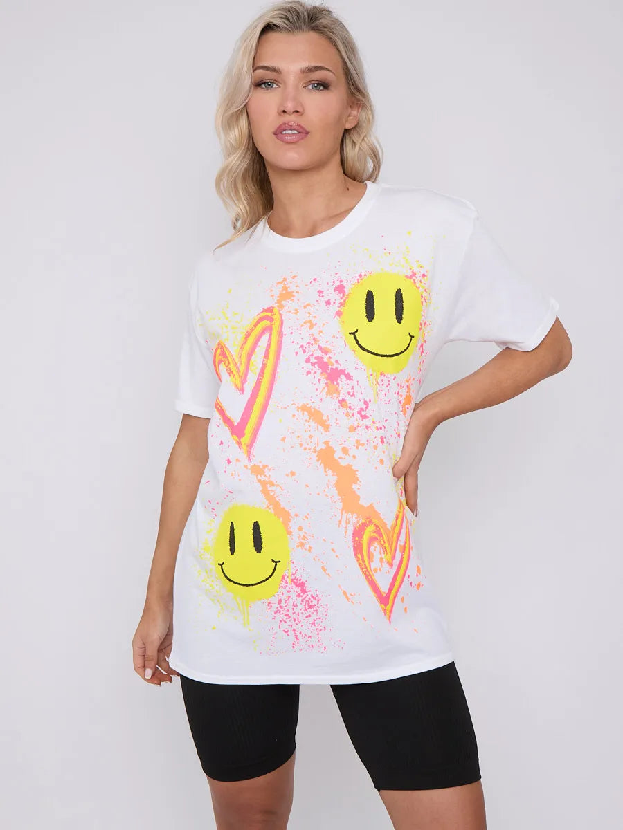 White Paint Splash Smiley Heart Graphic Printed T-Shirt