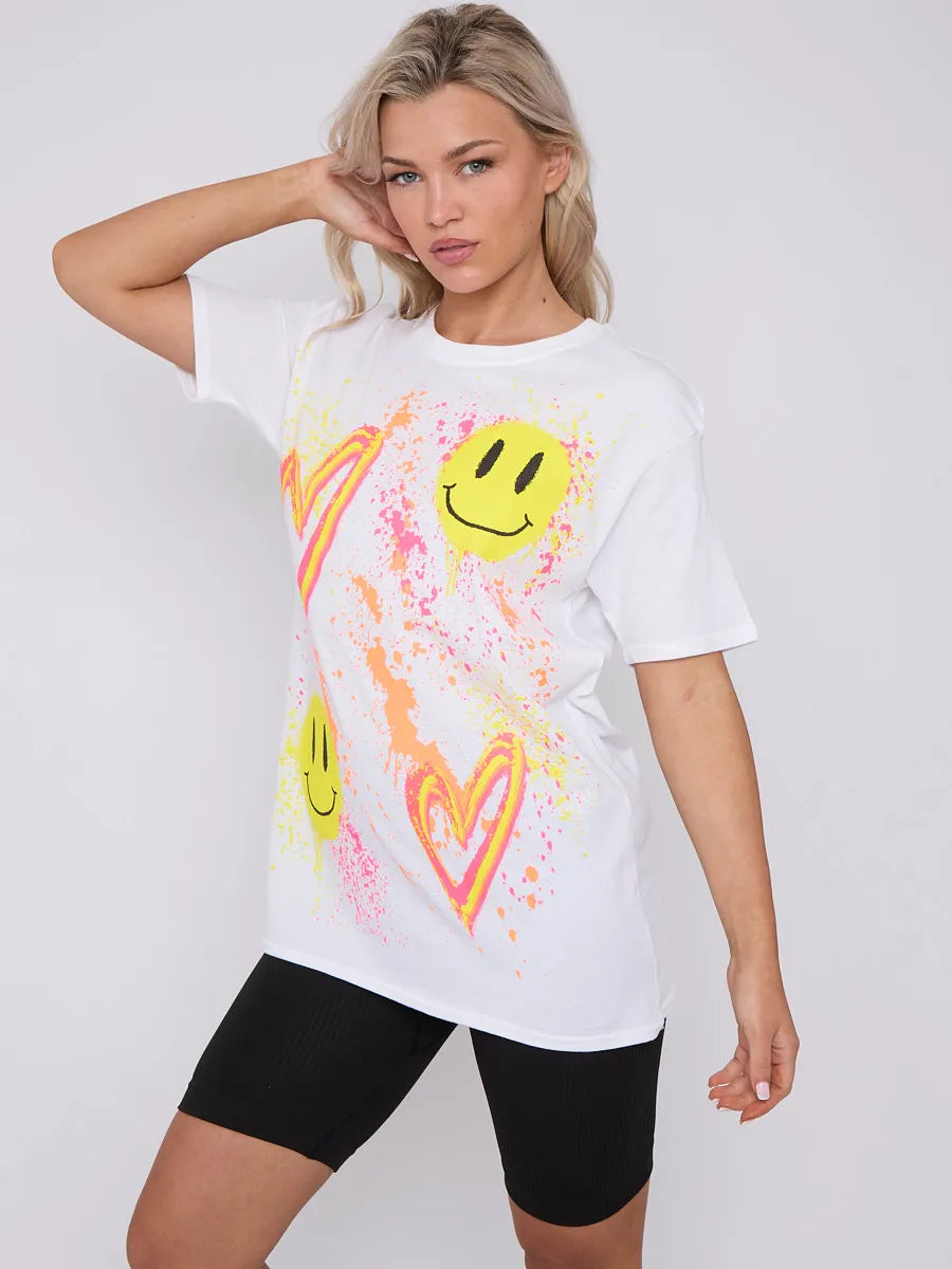 White Paint Splash Smiley Heart Graphic Printed T-Shirt