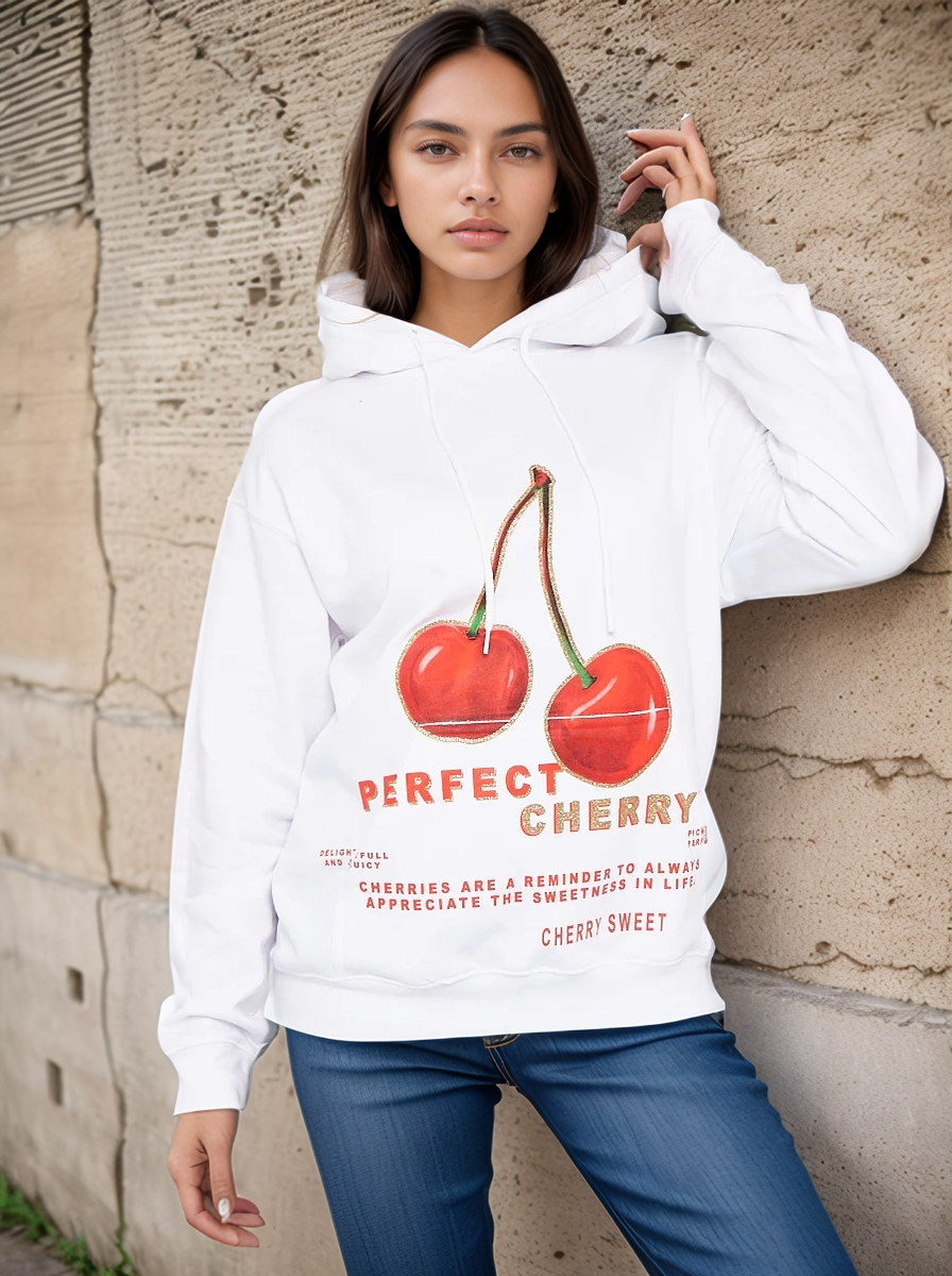 White Perfect Cherry Graphic Print Hoodie