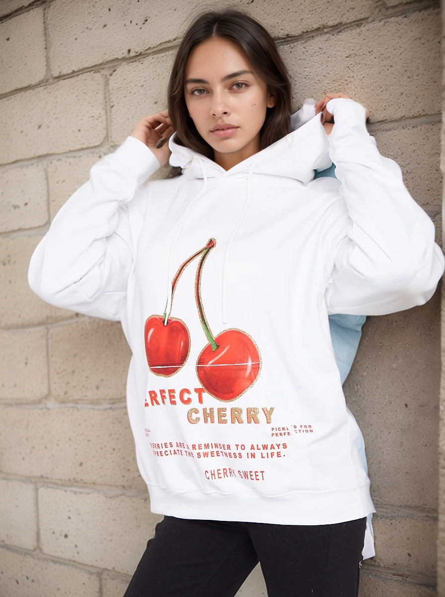 White Perfect Cherry Graphic Print Hoodie