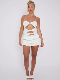 White Ruffle Skirt Skort & Cut Out Knot Front Bandeau Bodysuit Co-ord