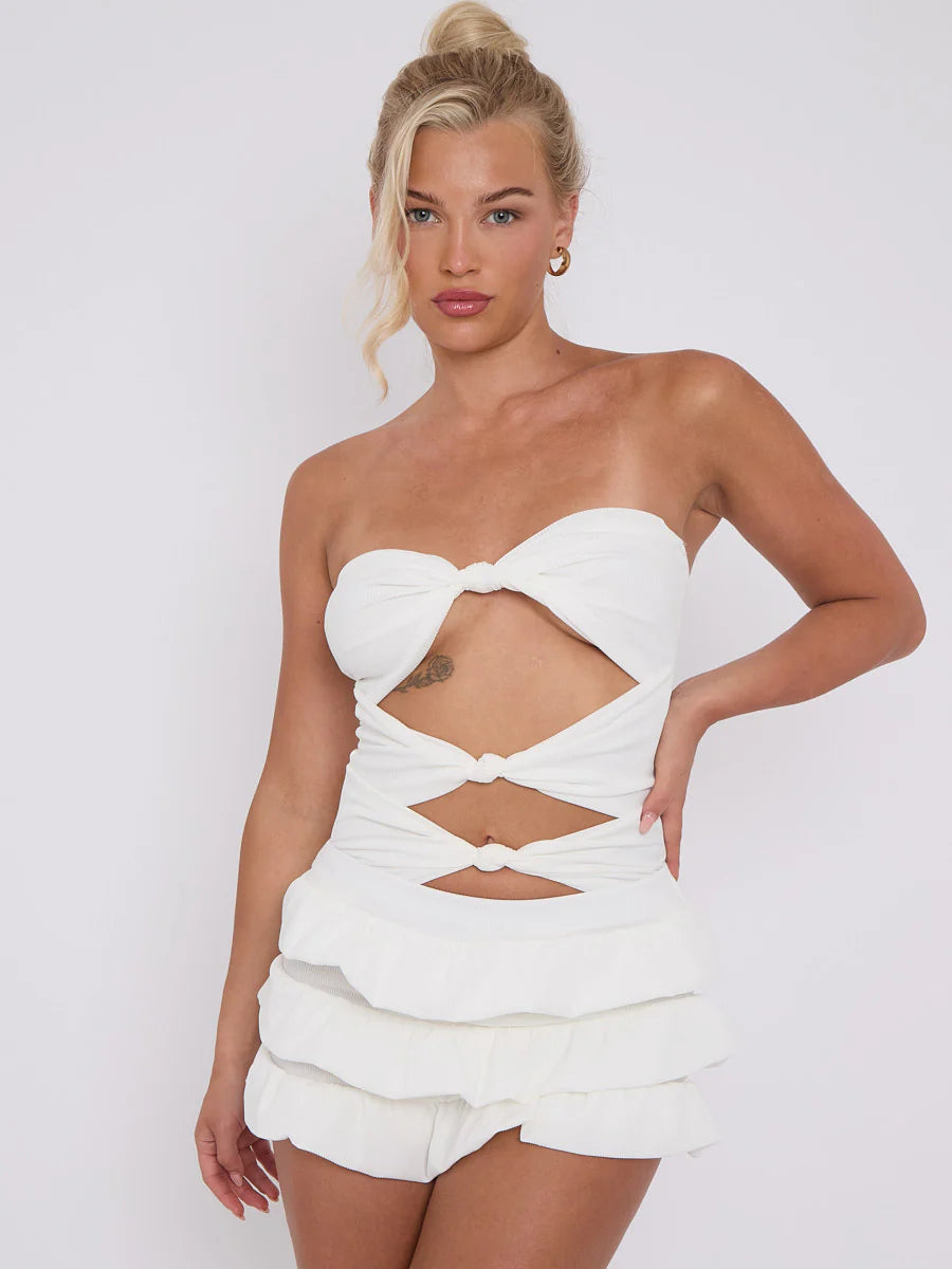 White Ruffle Skirt Skort & Cut Out Knot Front Bandeau Bodysuit Co-ord