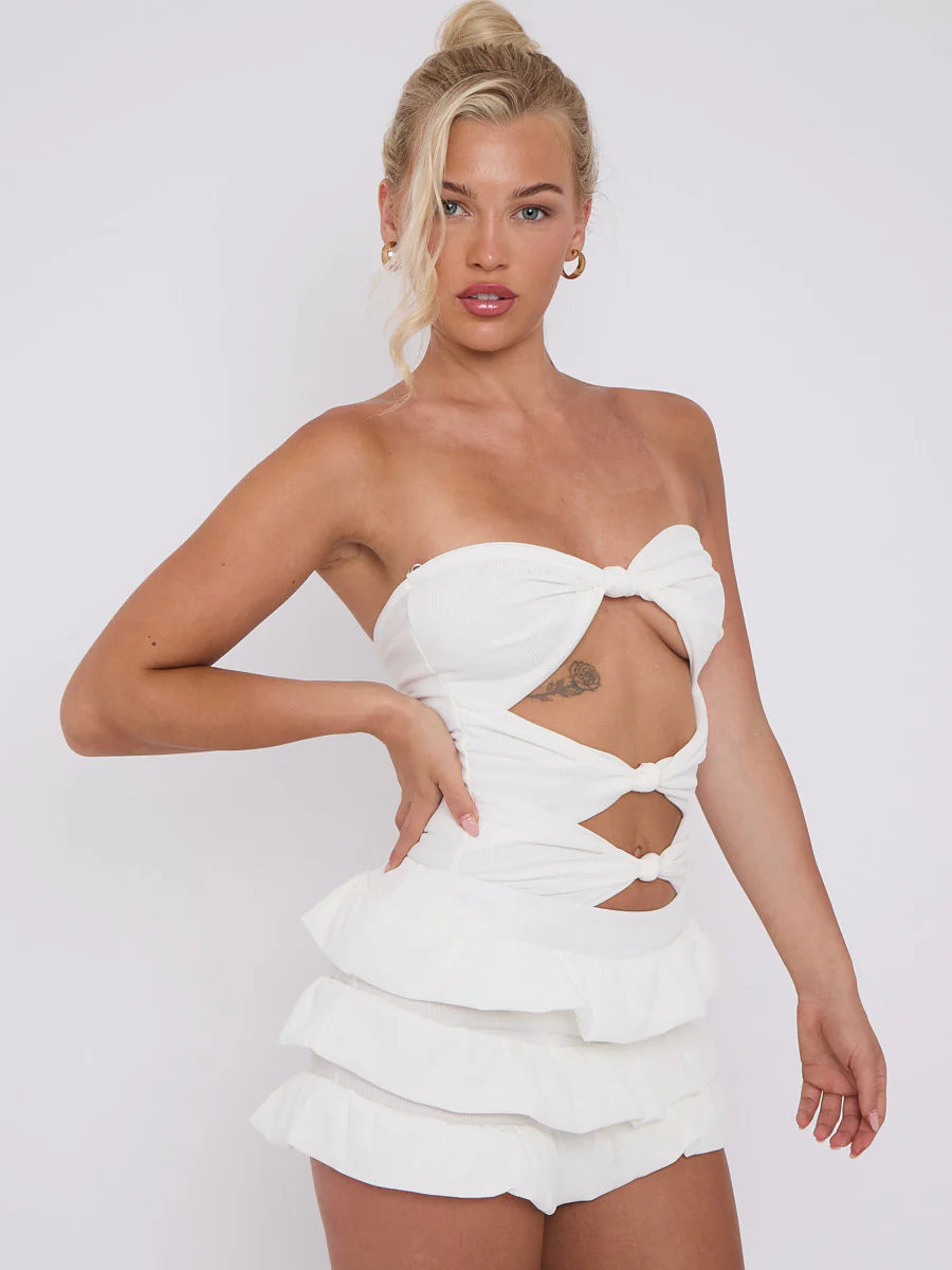 White Ruffle Skirt Skort & Cut Out Knot Front Bandeau Bodysuit Co-ord