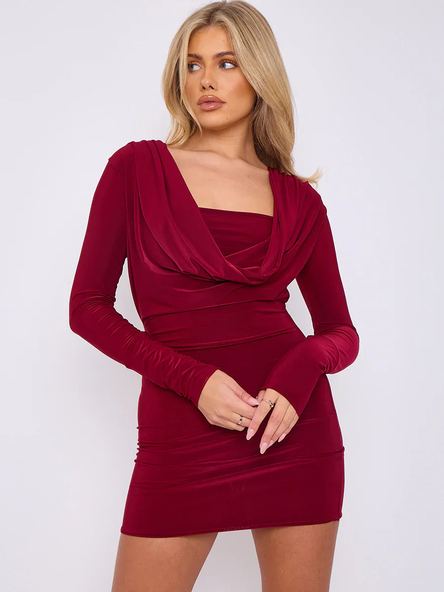 Wine Draped Cowl Neck Slinky Long Sleeves Bodycon Mini Dress