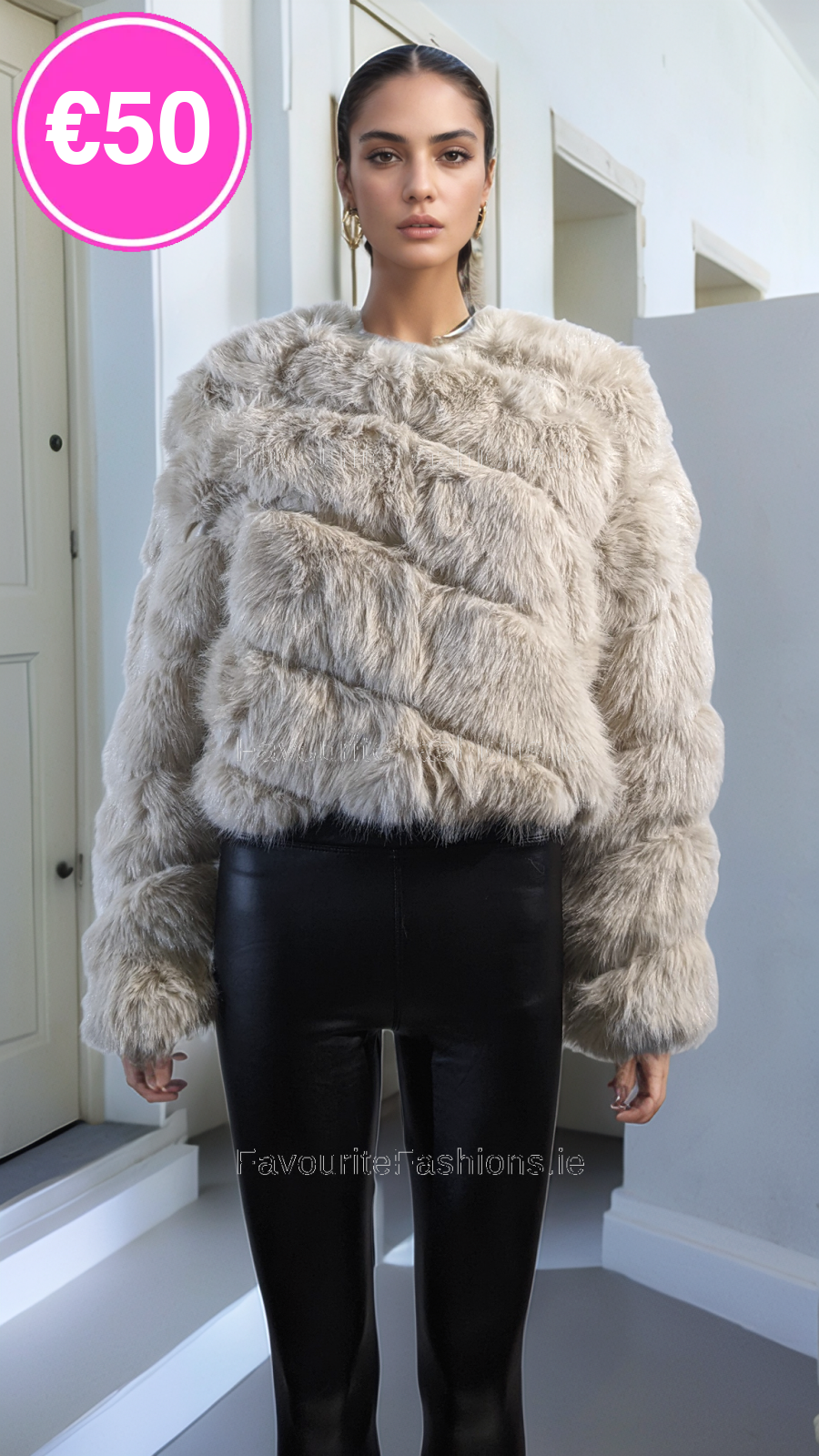 Beige Thick Faux Fur Paneled Layered Jacket