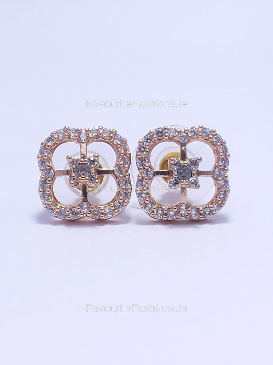 Gold Diamond Clover Shape Stud Earrings