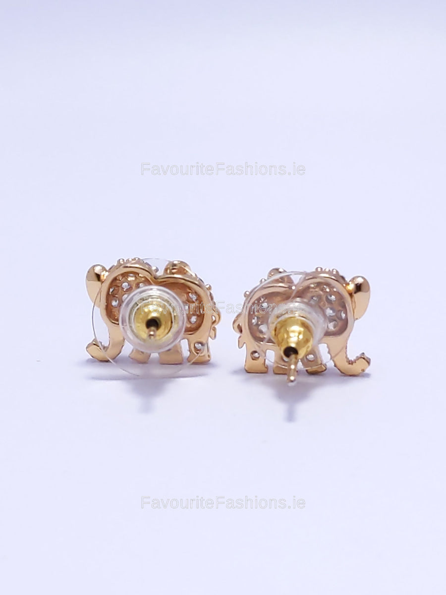 Gold Diamond Elephant Design Stud Earrings