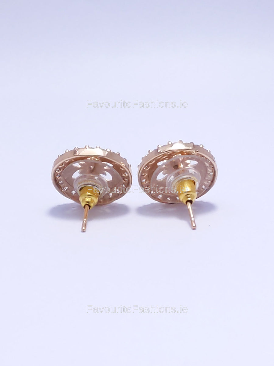 Gold Diamond Flower Detail Stud Earrings