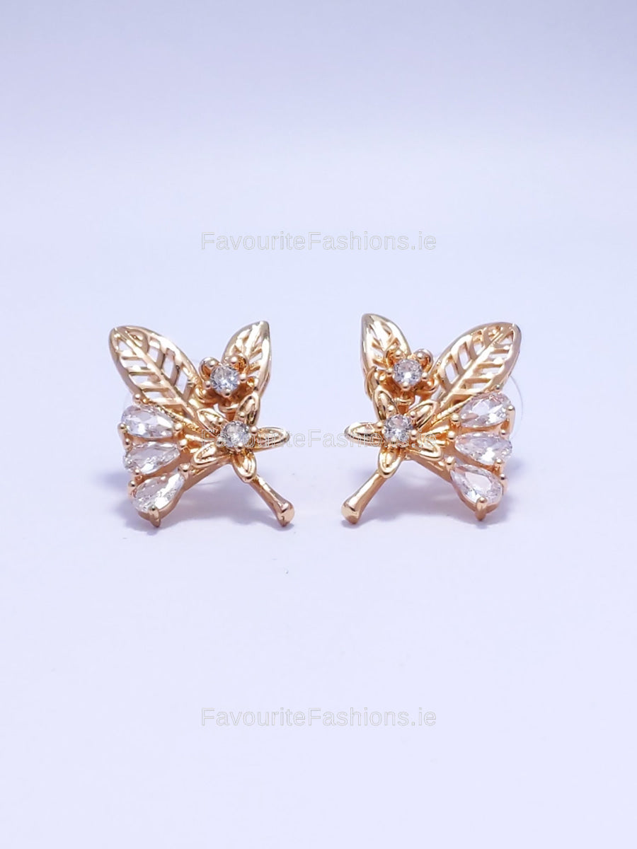 Gold Diamond Leaf Design Stud Earrings