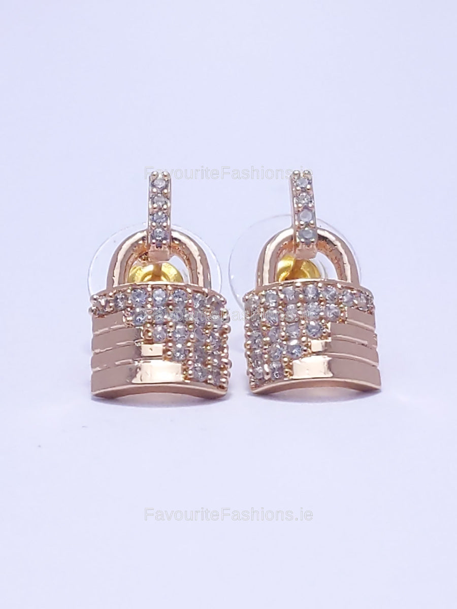 Gold Lock Diamond Stud Earrings