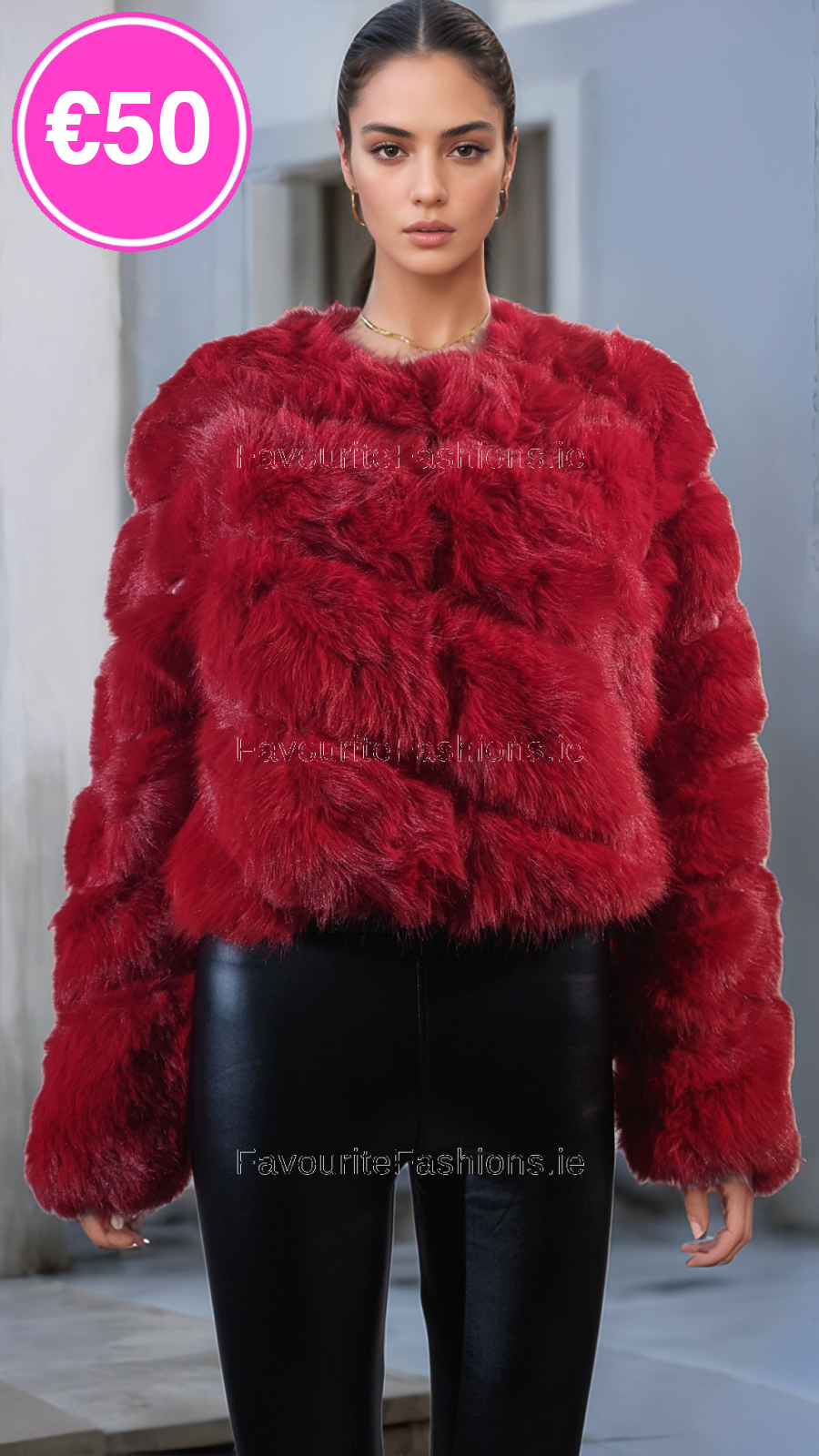 Red Thick Faux Fur Paneled Layered Jacket