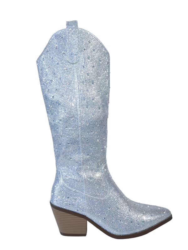 Silver Diamante Embellished Studded Glitter Knee High Western Style Cowboy Boots