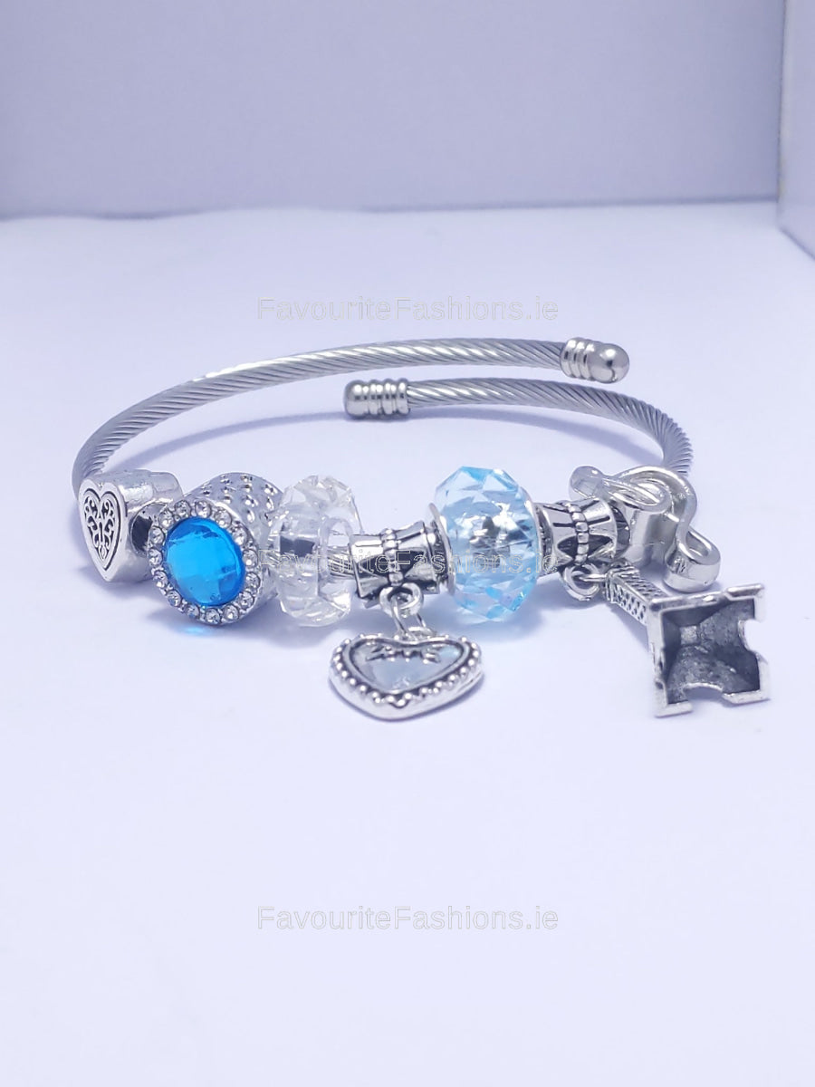 Silver Blue Beaded Tower Multi Charm Bracelet