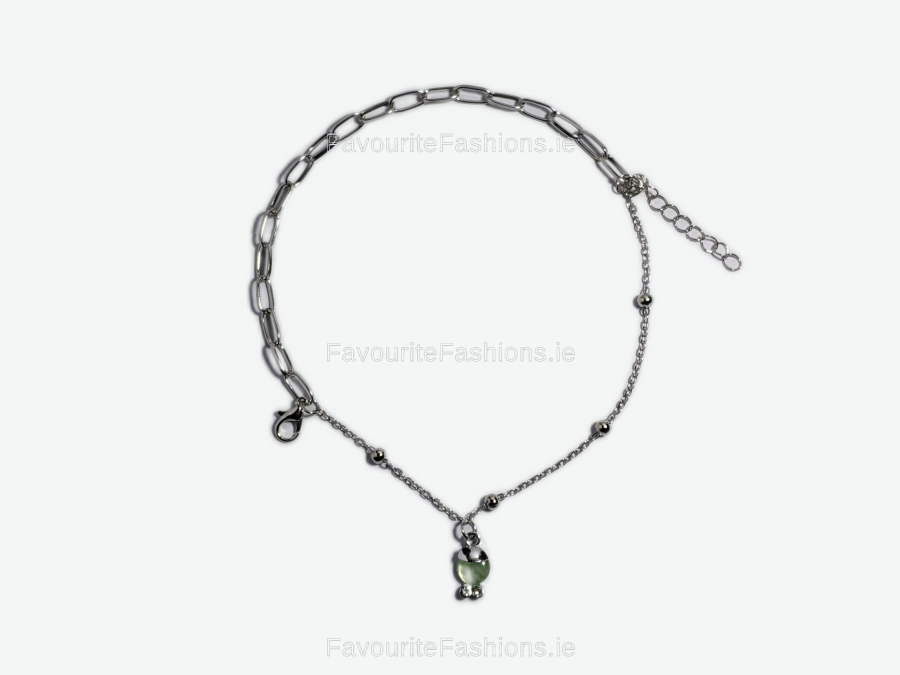 Silver Green Round Charm Link Bracelet