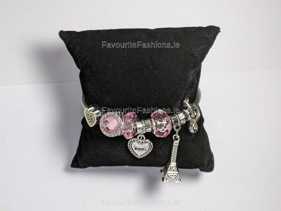 Silver Pink Beaded Tower Charm Bracelet