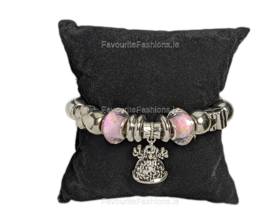 Silver Pink Bell Beaded Charm Bracelet