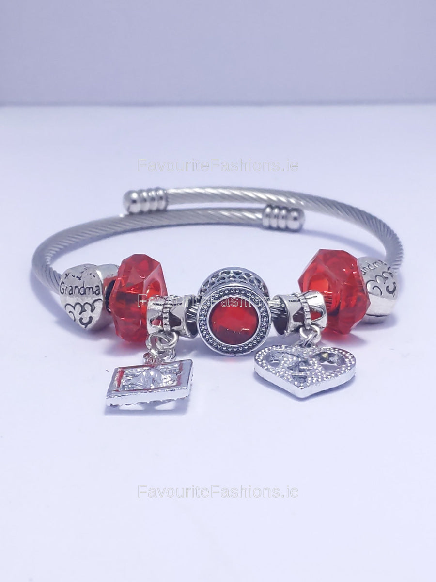 Silver Red Jewel Grandma Multi Charm Bracelet