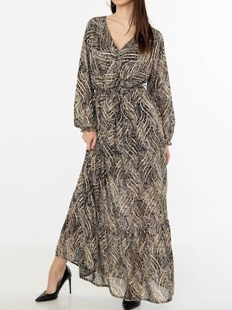 Black Gold Detail Wrap Front Long Sleeves Maxi Dress