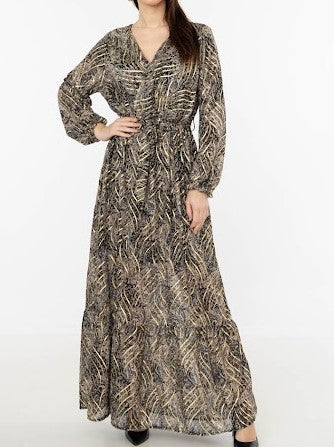 Black Gold Detail Wrap Front Long Sleeves Maxi Dress