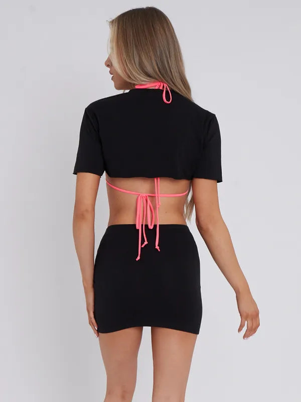 Black Be Unique Graphic 3 Piece Bikini Top & Skirt Co-ord Set