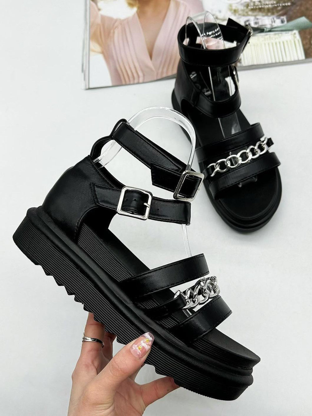 Black Chunky Strap Sandals with Silver Chain Detail