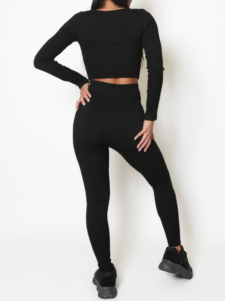 Black Dip Front Top & High Waist Leggings Seamless Ribbed Set