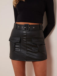 Black Faux Leather Cargo Skort With Matching Belt