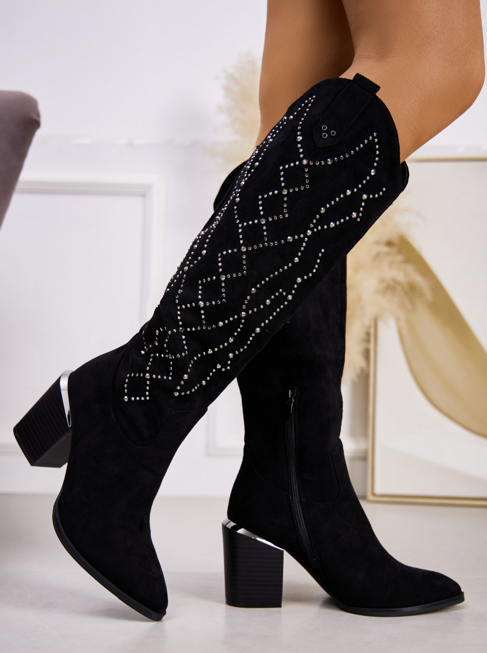 Black Faux Suede Diamante Embellished Knee High Cowboy Western Boots