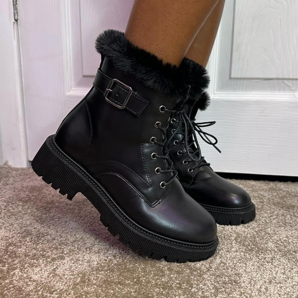 Fur lined lace up ankle boots best sale