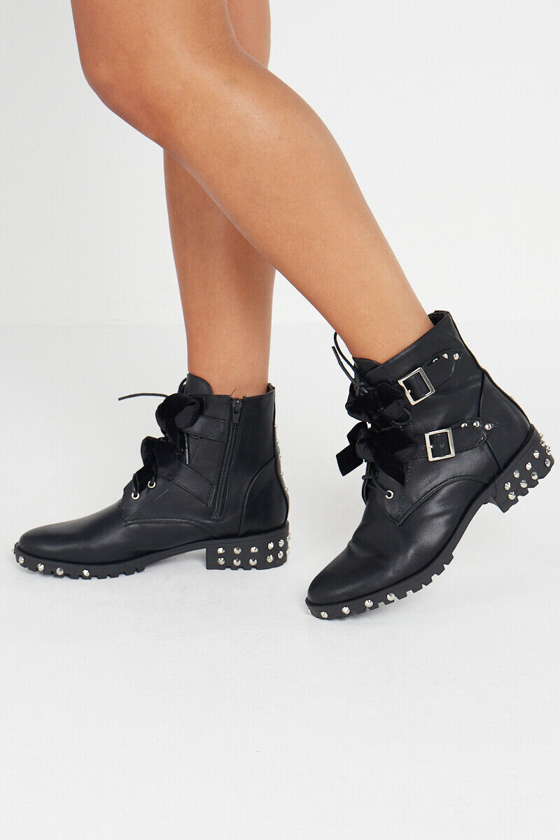 Black Lace Up Studded Buckle Biker Boots