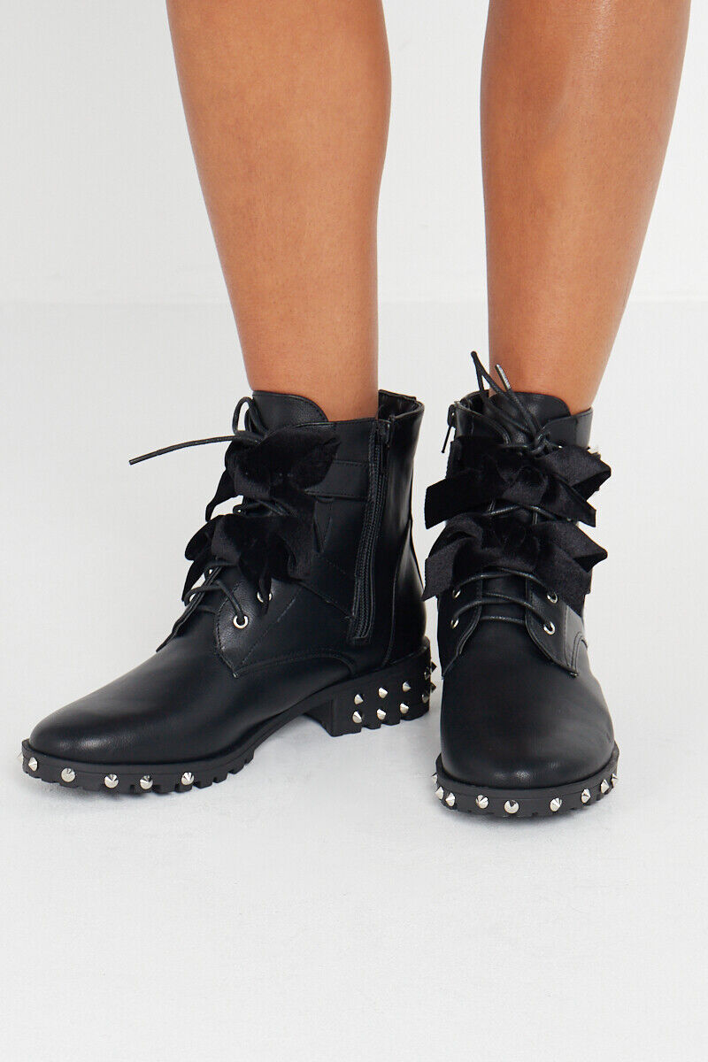 Black Lace Up Studded Buckle Biker Boots