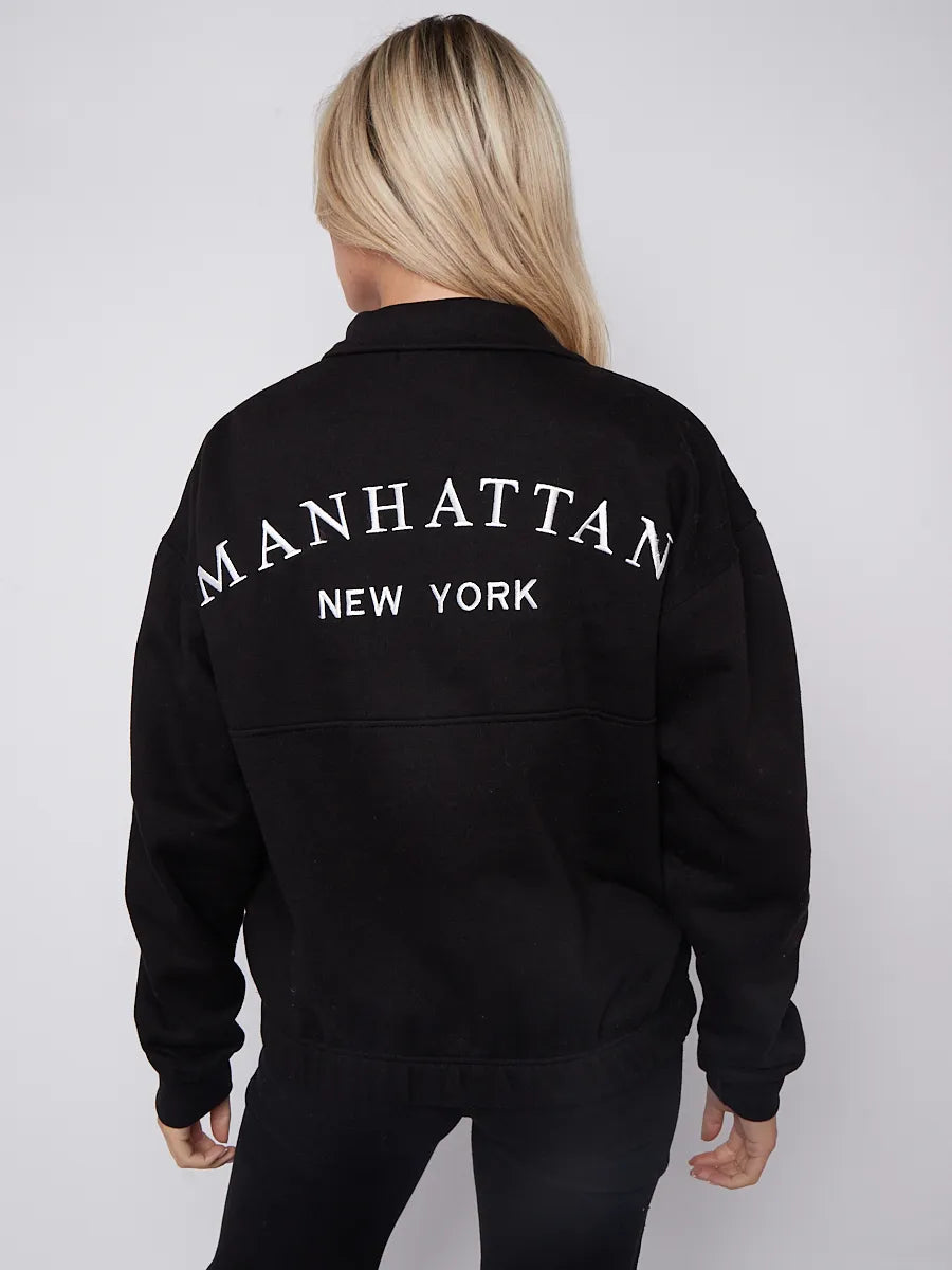 Black Manhattan Embroidered Oversized Sweatshirt Zip Jumper