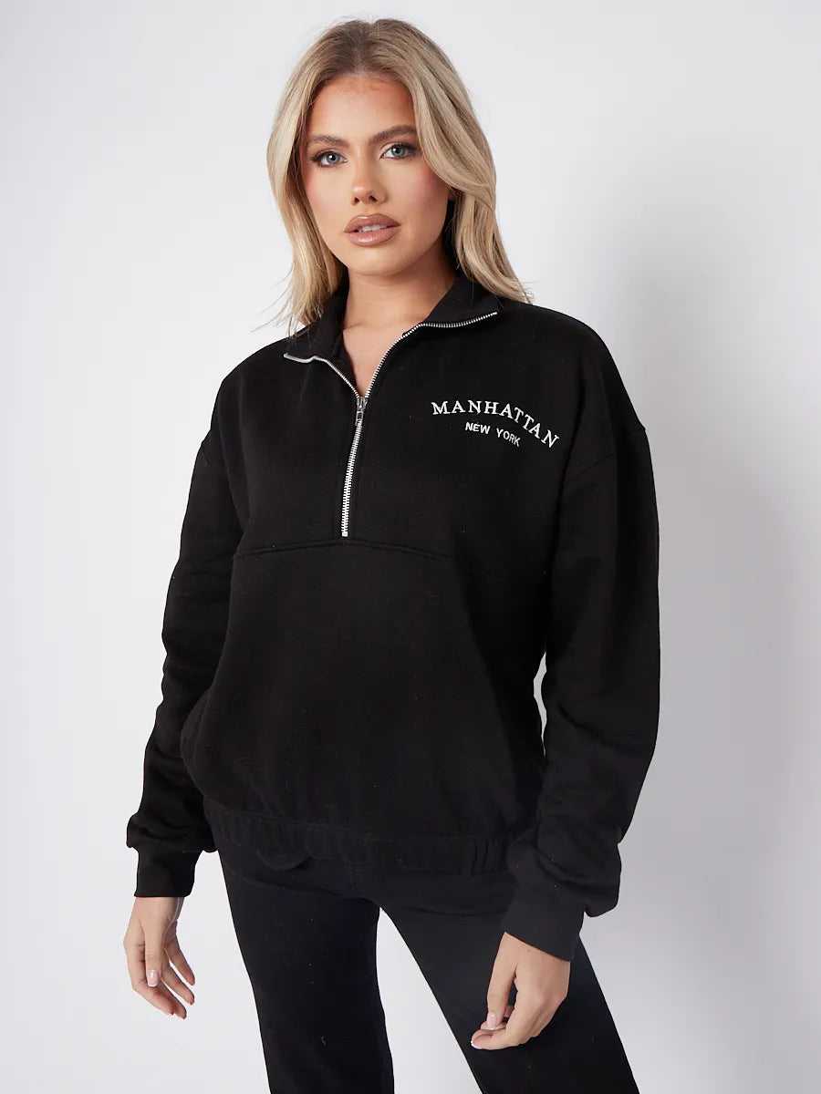 Black Manhattan Embroidered Oversized Sweatshirt Zip Jumper