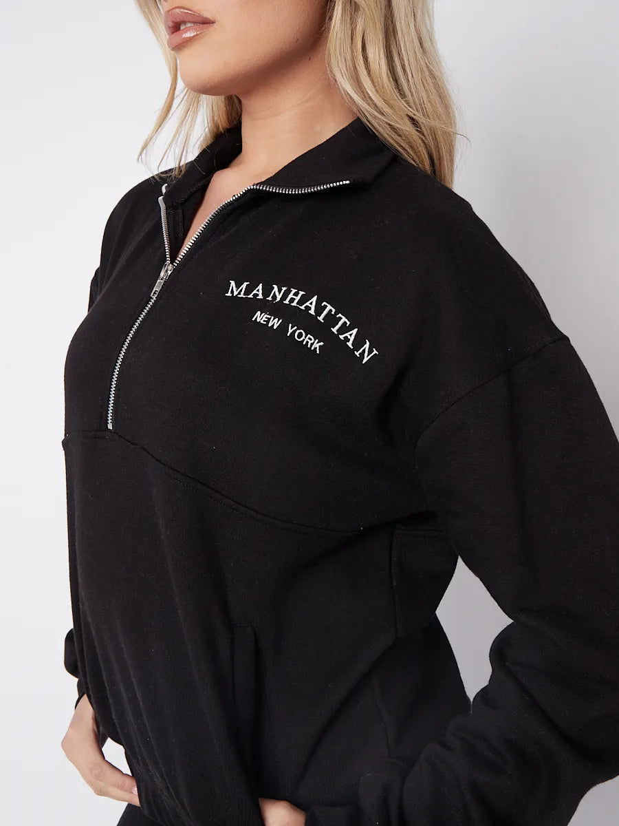 Black Manhattan Embroidered Oversized Sweatshirt Zip Jumper