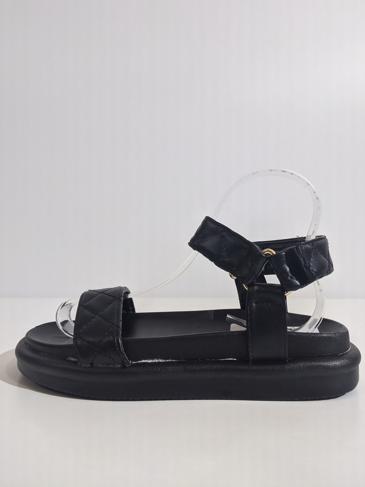 Black Quilted Velcro Strap Chunky Platform Sandal