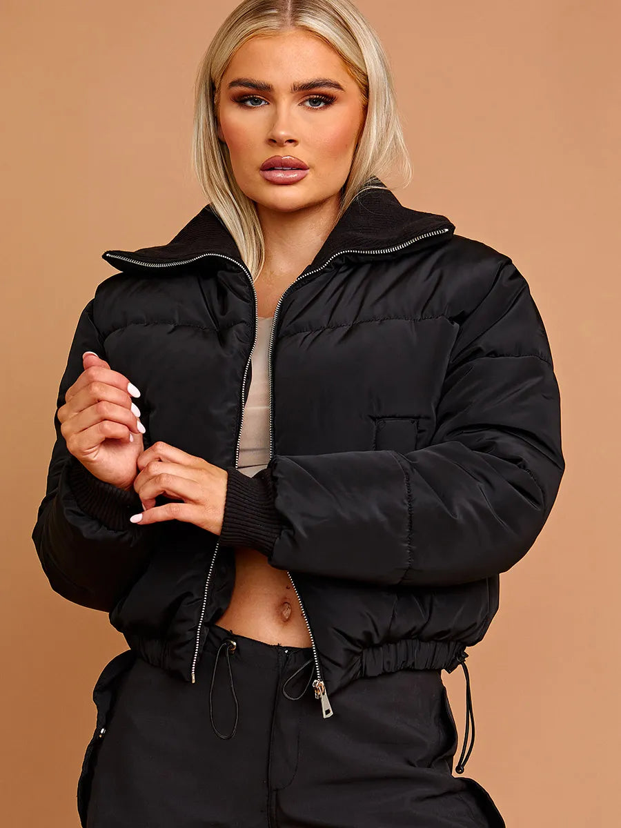 Black Rib Collar Detail Cropped Puffer Jacket