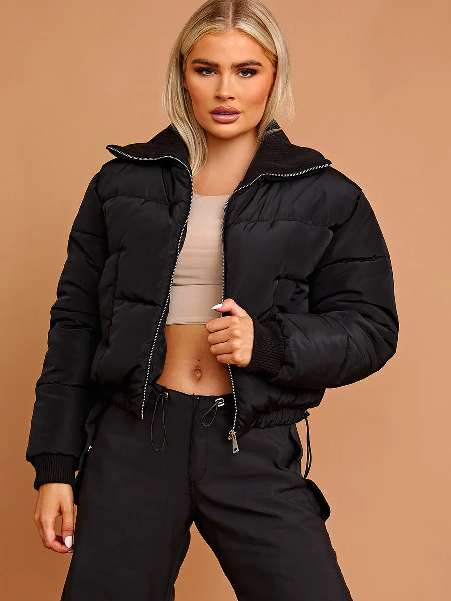 Black Rib Collar Detail Cropped Puffer Jacket