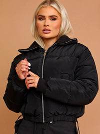 Black Rib Collar Detail Cropped Puffer Jacket