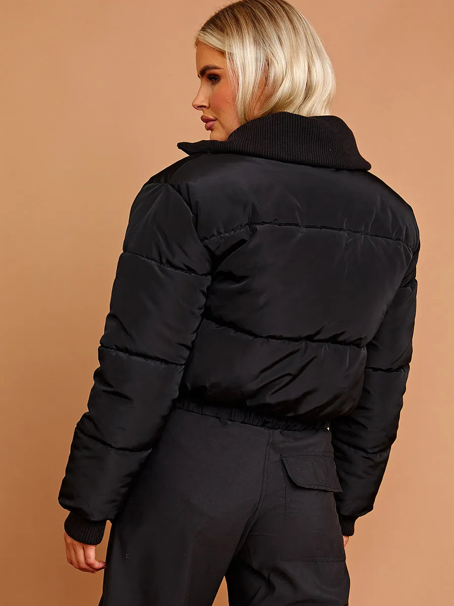 Black Rib Collar Detail Cropped Puffer Jacket