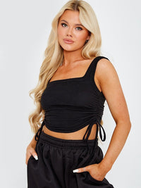 Black Ribbed Cropped Ruched Crop Top Vest