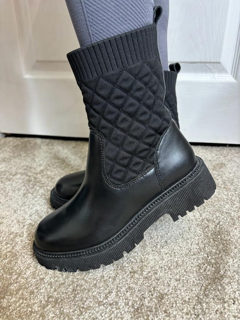 Black Slip On Quilted Chunky Ankle Boots