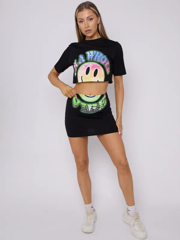 Black Smiley Graphic Crop Top & Skirt Co-Ord