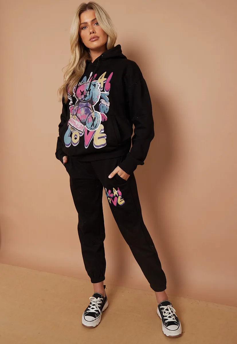 Black Teddy Bear Oversized Hoodie & Jogger Graphic Loungewear Co-ord