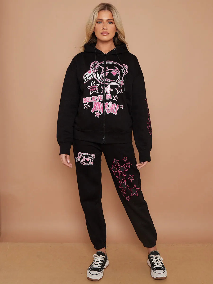 Black Teddy Bear Zip Hoodie & Joggers Loungewear Co-ord Set