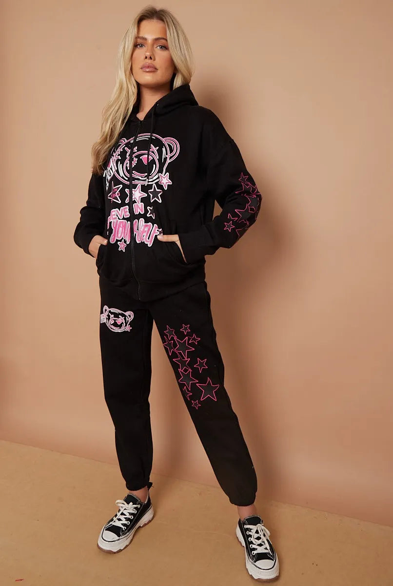 Black Teddy Bear Zip Hoodie & Joggers Loungewear Co-ord Set