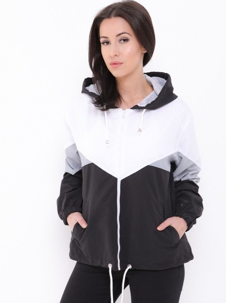 Black Wind Breaker Colour Block Hooded Jacket