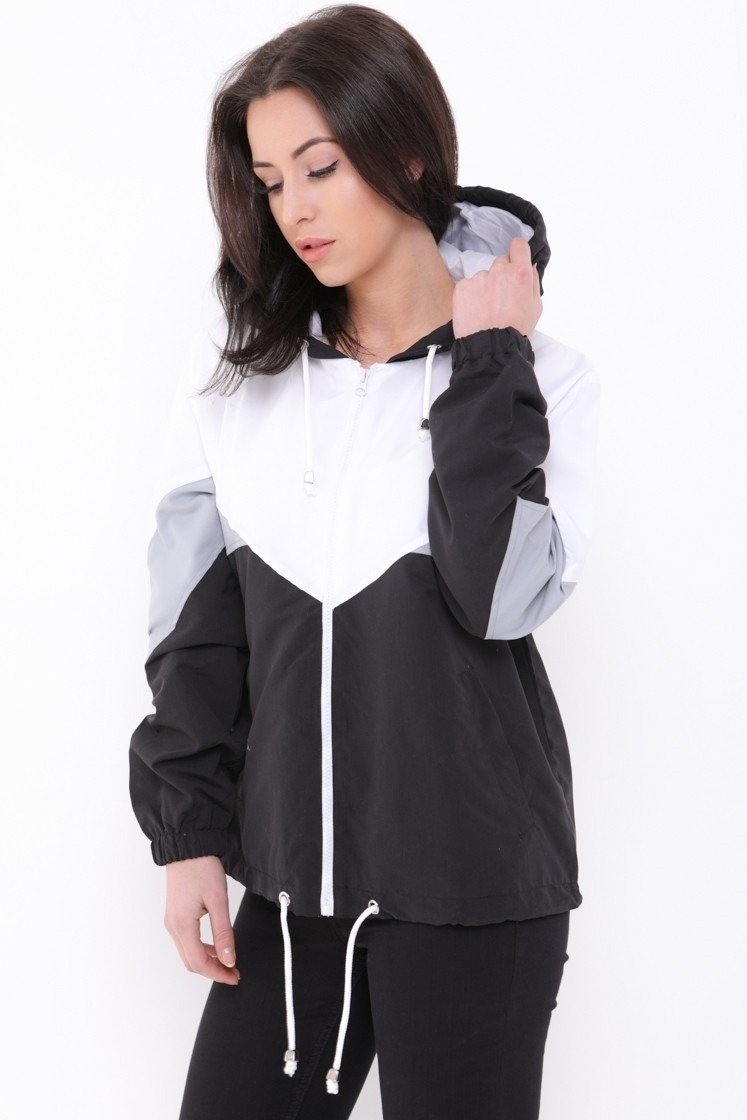 Black Wind Breaker Colour Block Hooded Jacket