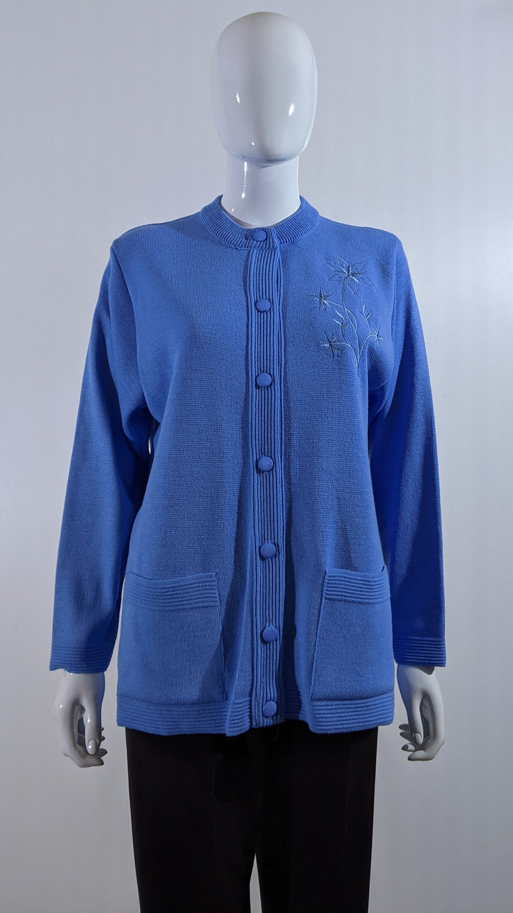 Blue Round Neck Button Pocket Cardigan